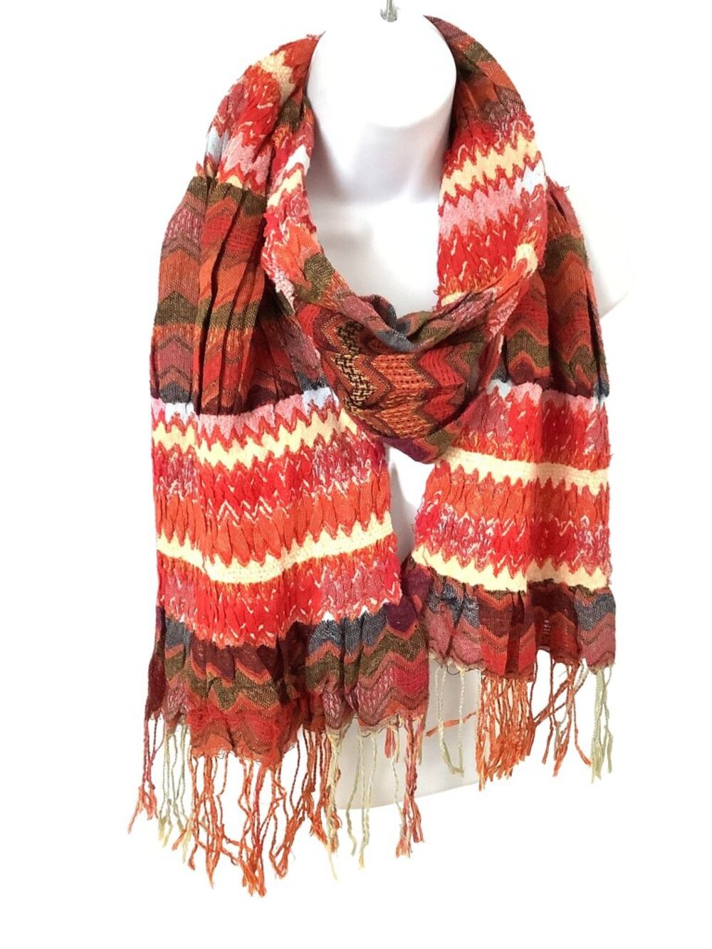Vintage Y2K Knitted Scarf Bohemian Orange-Multi Fringed